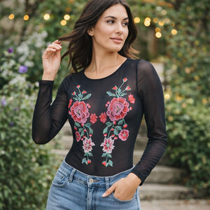 Vera & Lucy Sheer Embroidered Floral Bodysuit Black Medium